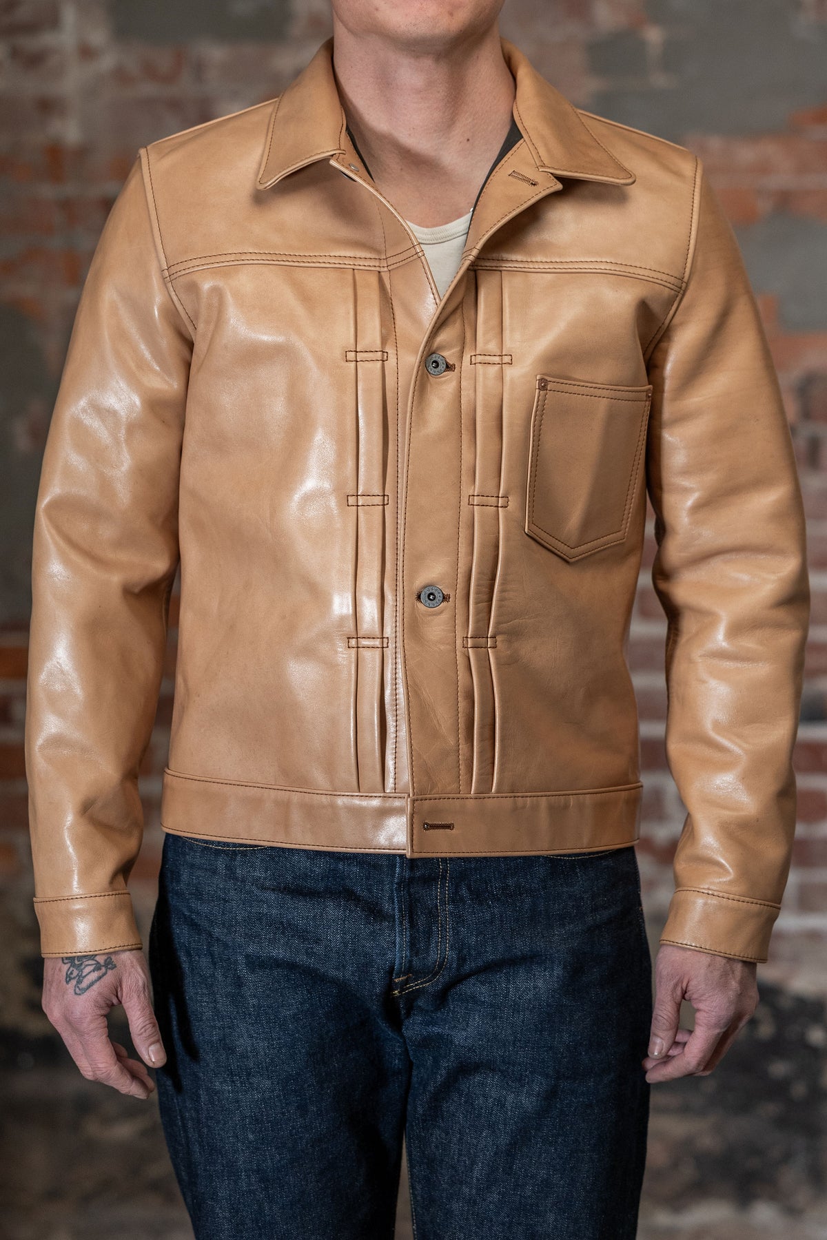 Y'2 persimmon Dyed Leather Jacket- Front view on model