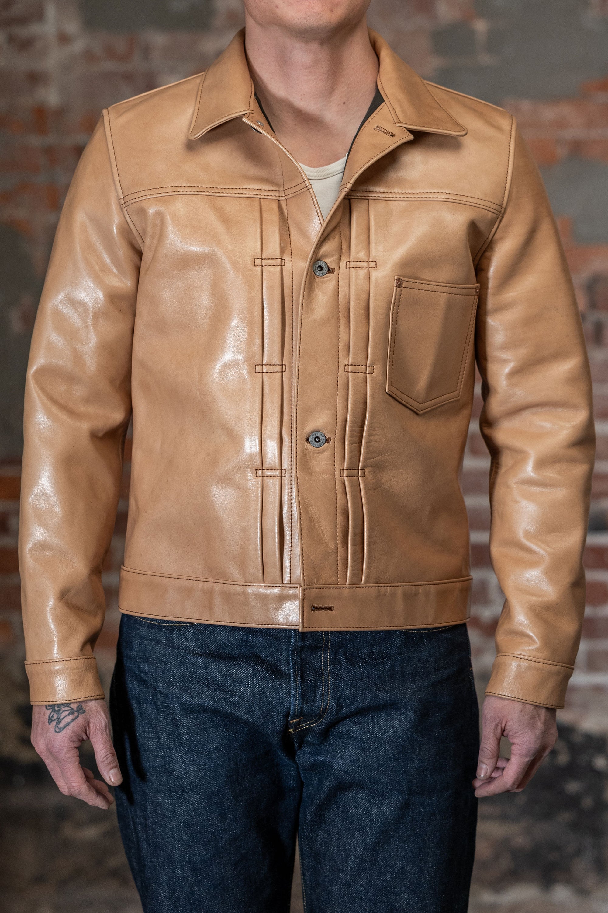 Y'2 persimmon Dyed Leather Jacket- Front view on model