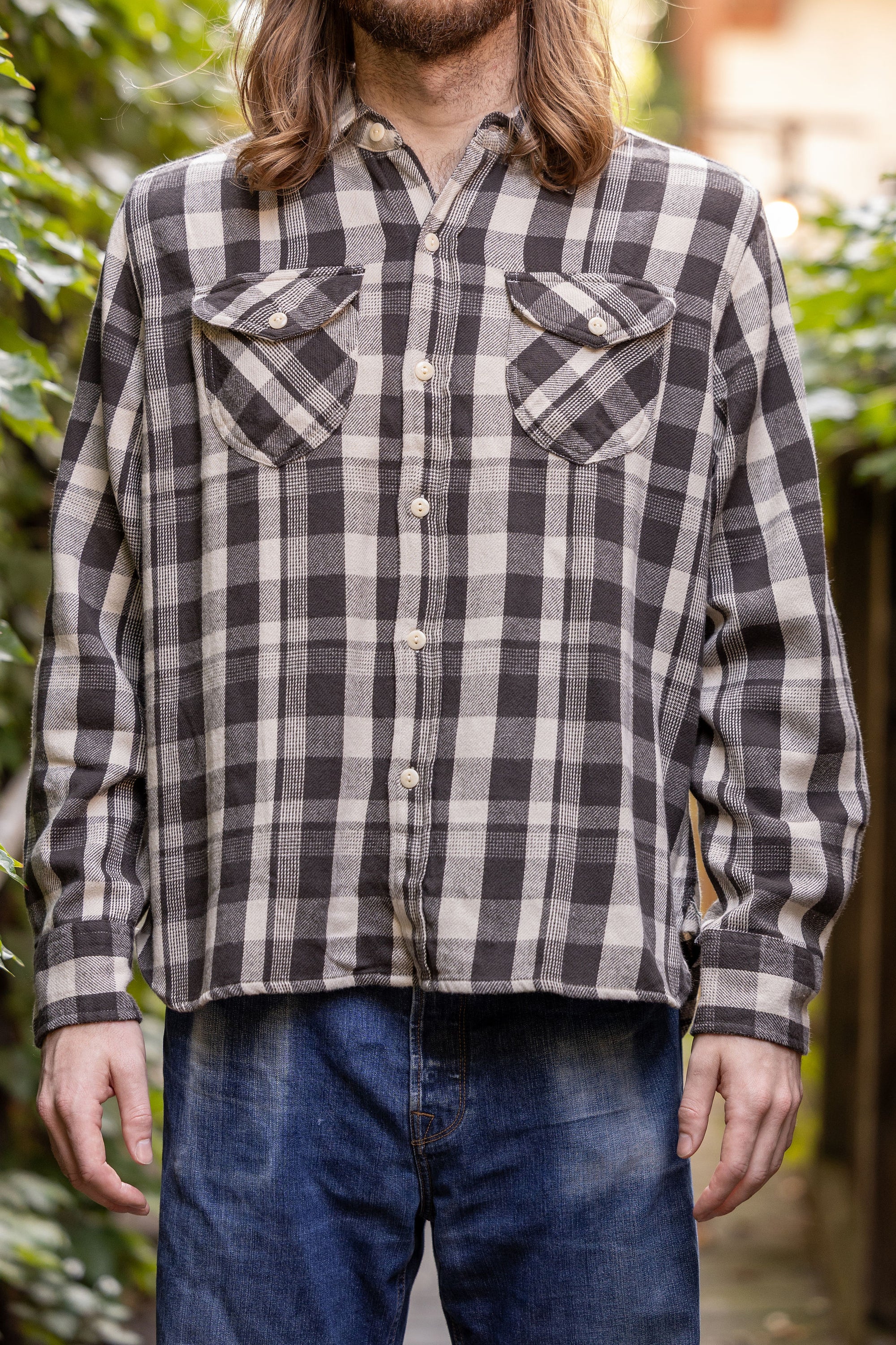 Wythe Washed Flannel Workshirt - Night Pitch - Front View on Model