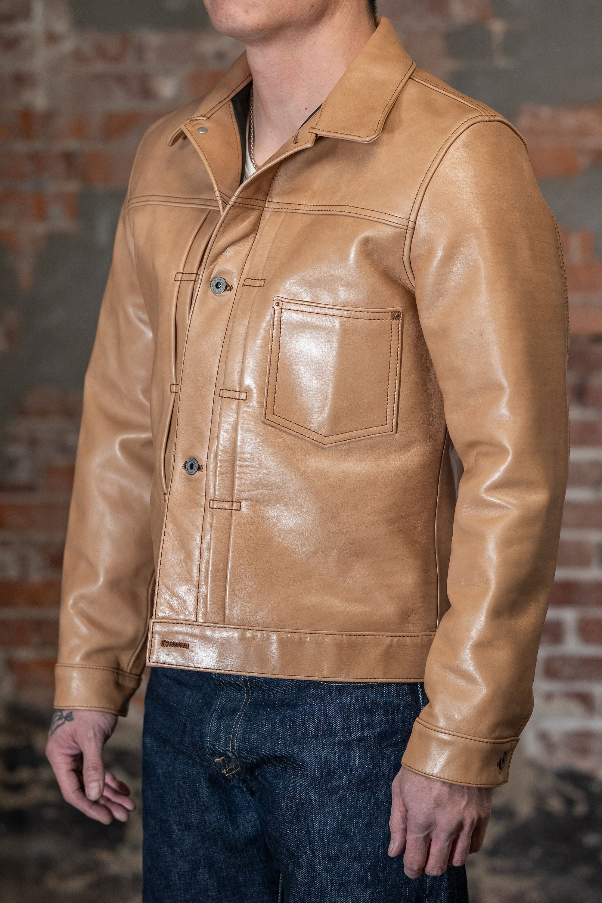 Y'2 persimmon Dyed Leather Jacket- three quarter view on model
