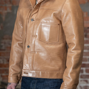 Y'2 persimmon Dyed Leather Jacket- three quarter view on model