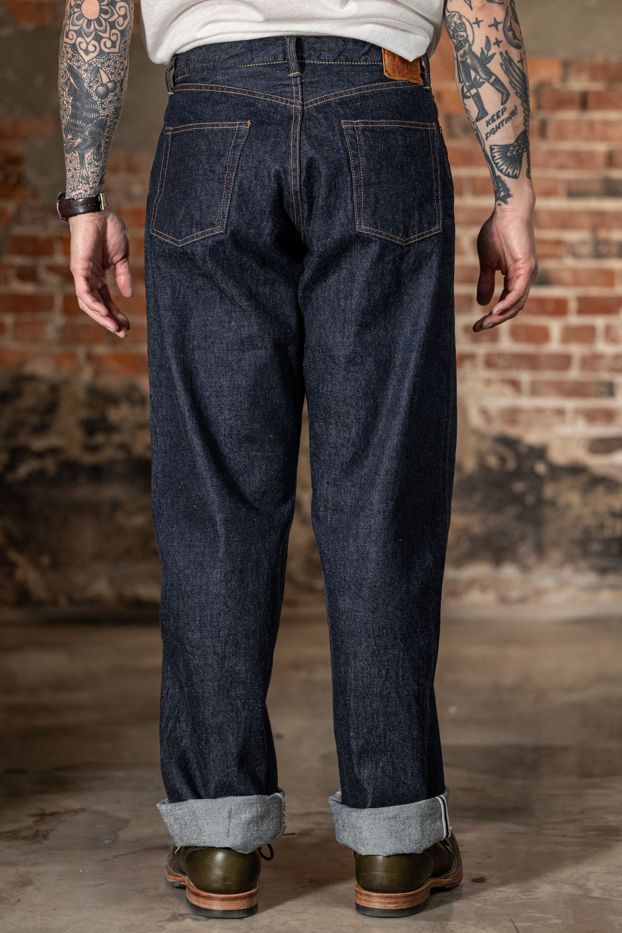 TCB Jeans Baggy 50's Jeans - 13.5oz Denim One Wash. on model back profile
