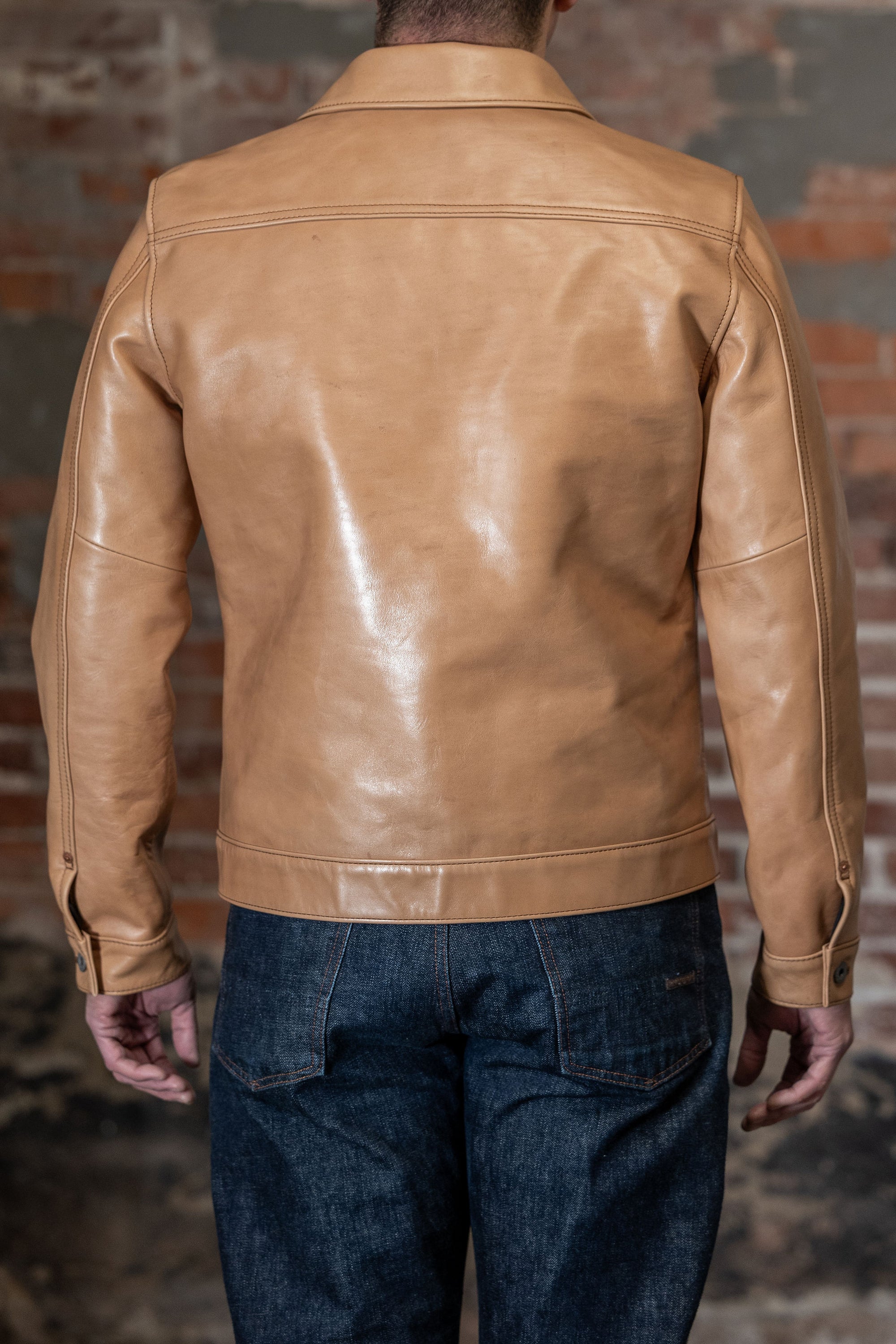 Y'2 persimmon Dyed Leather Jacket- back view on model