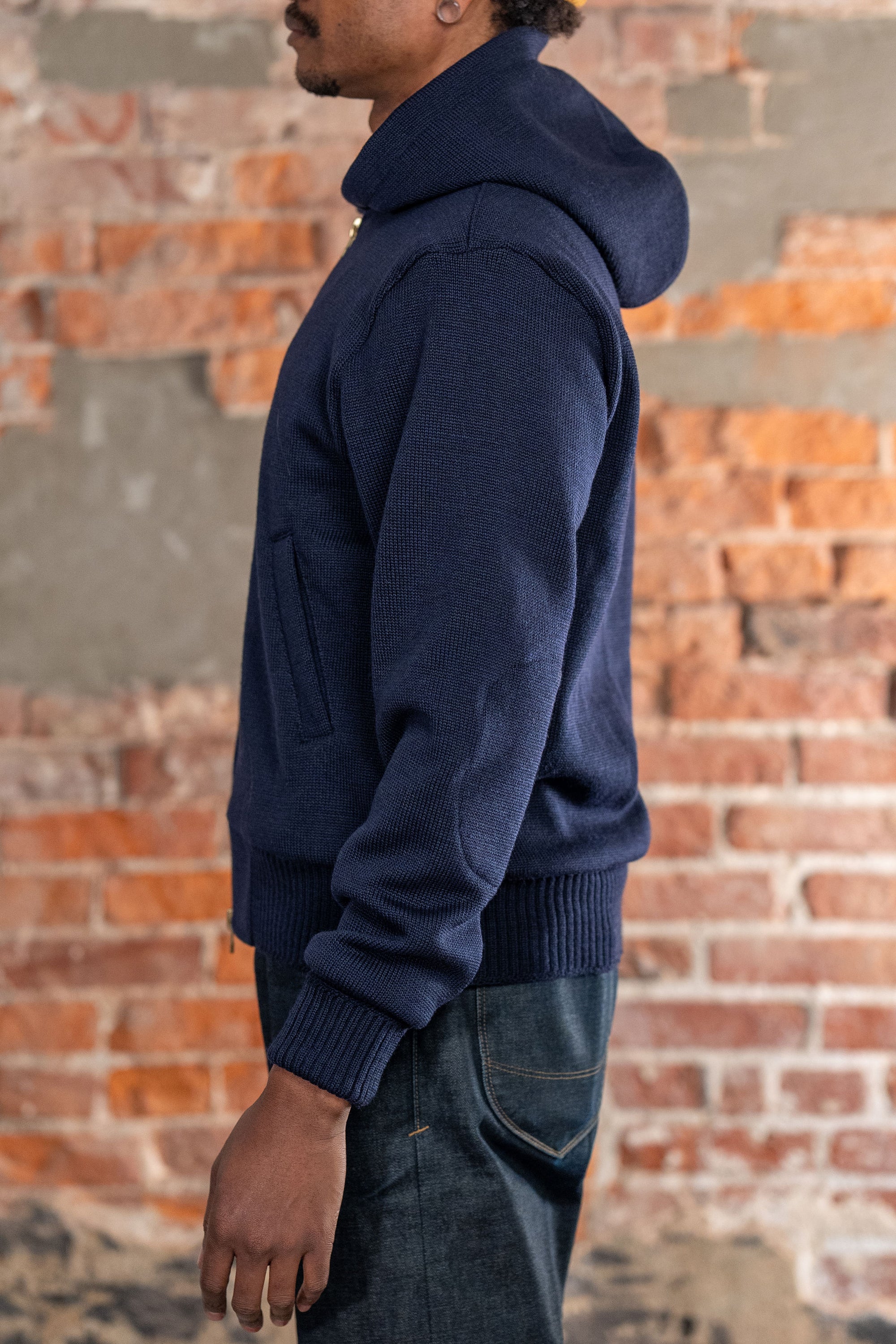 Dehen 1920 Full-Throttle Moto Hoodie - Dark Navy. on model side profile