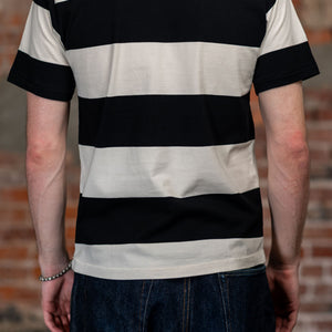 Freenote Cloth Mooch Tee - Black Stripe. on model back profile