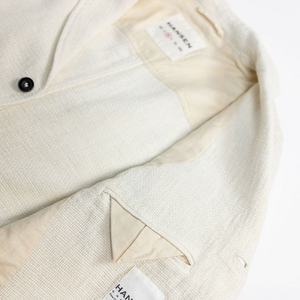 Hansen Garments Charlie Three Button Blazer - Off White Gauze - product shot - close up detail of tag, open jacket, and inner pocket - white background