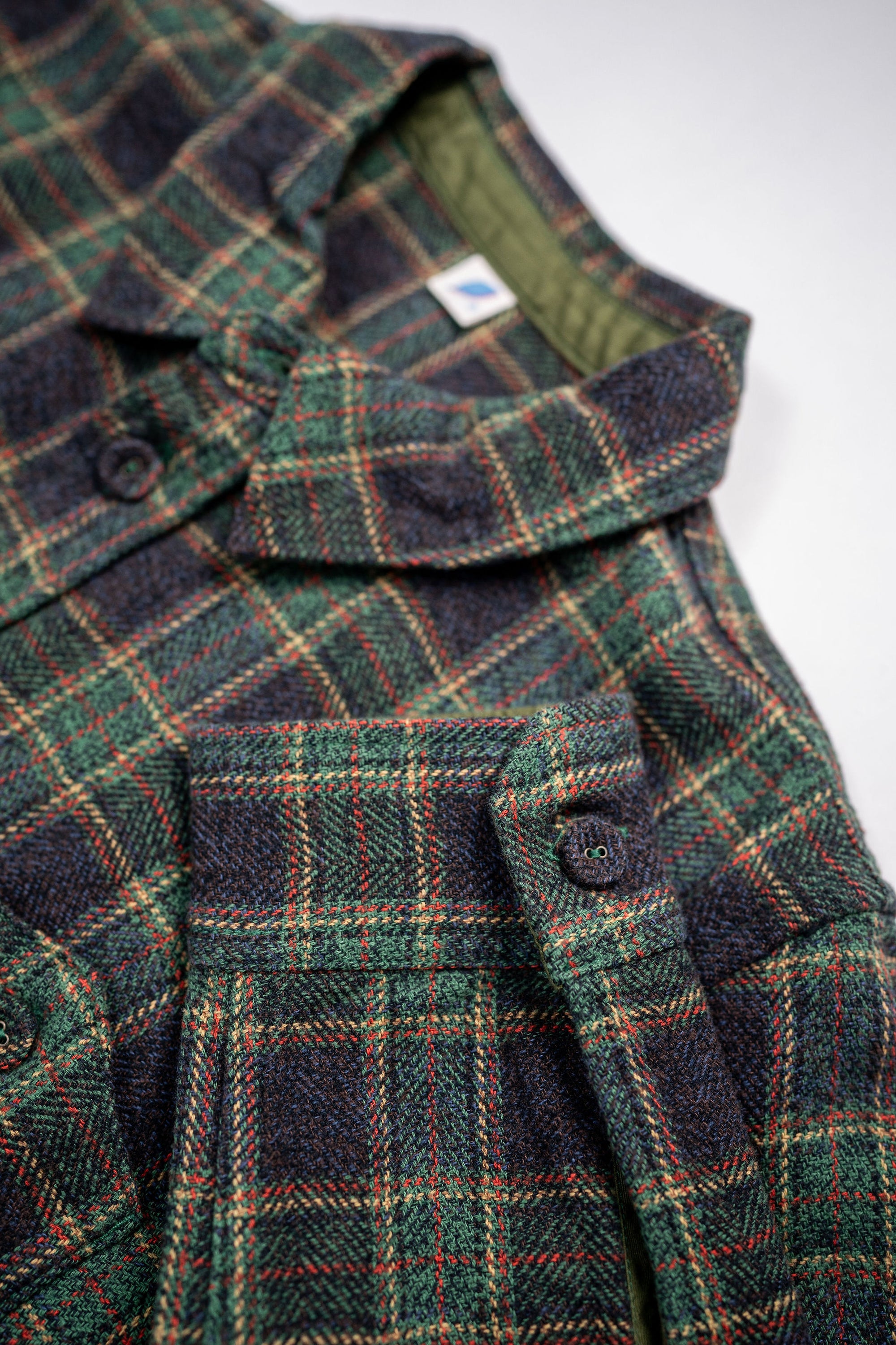 Pure Blue Japan 2229-GR Tweed Check Double Pocket Shirt - Green