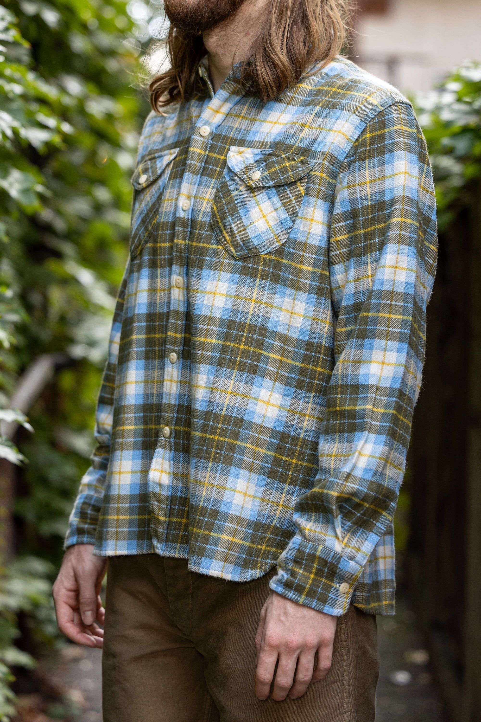 Wythe Washed Flannel Workshirt - Gold Ravine - Three quarter View on Model