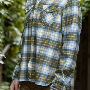 Wythe Washed Flannel Workshirt - Gold Ravine - Three quarter View on Model
