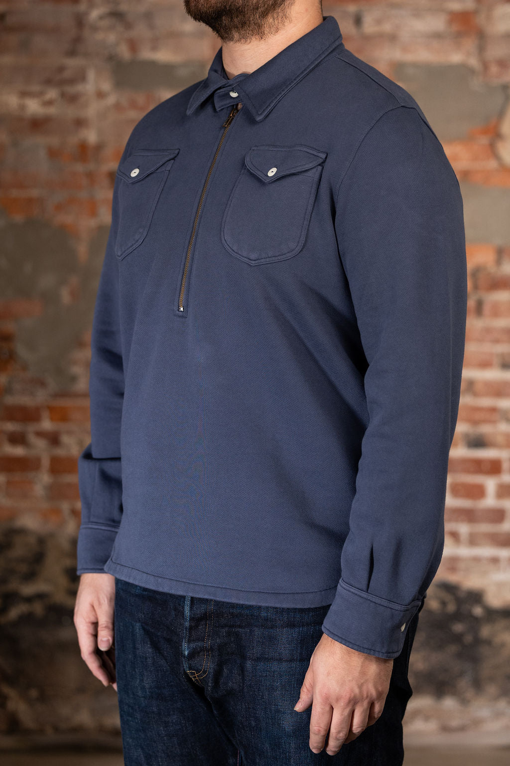 Wythe Navy Quarterzip - Three Quarter Shot on Model
