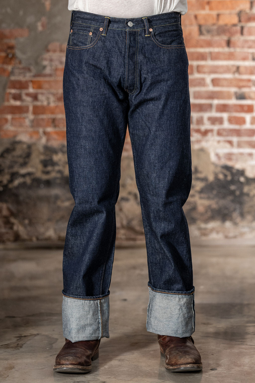 TCB Jeans 50's Jeans - 13.50z Denim One Wash. on model front profile