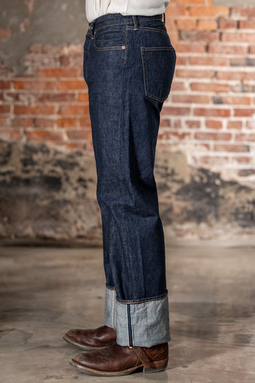 TCB Jeans 50's Jeans - 13.50z Denim One Wash. on model side profile