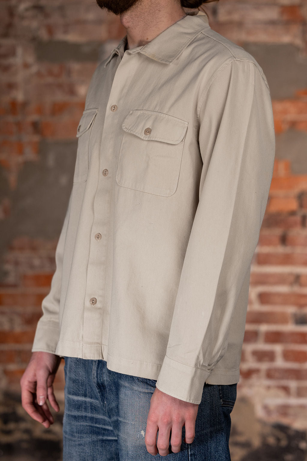 Merz b. Schwanen SHIRT06RT Worker's Cotton Twill Long Sleeve Shirt - Light Khaki