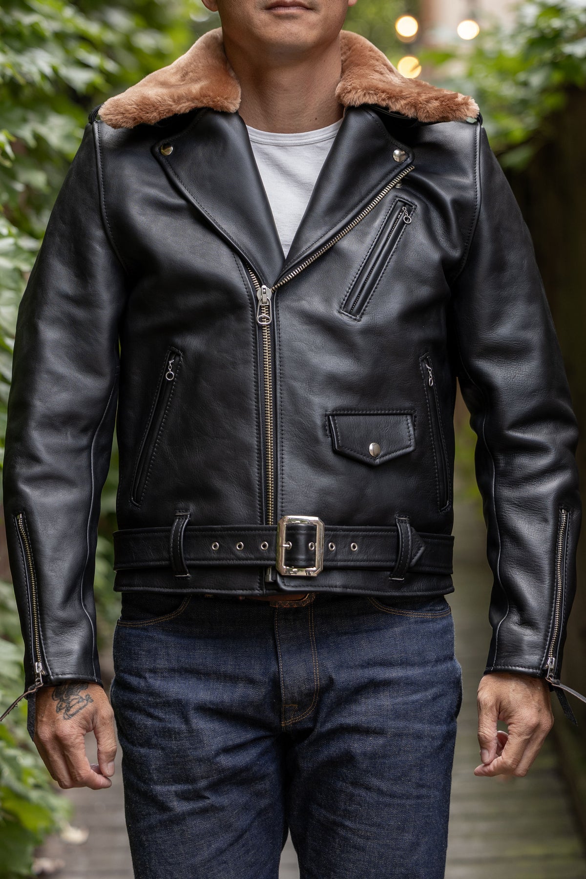 Y'2 Sumi Dyed Leather Jacket- Front view on model