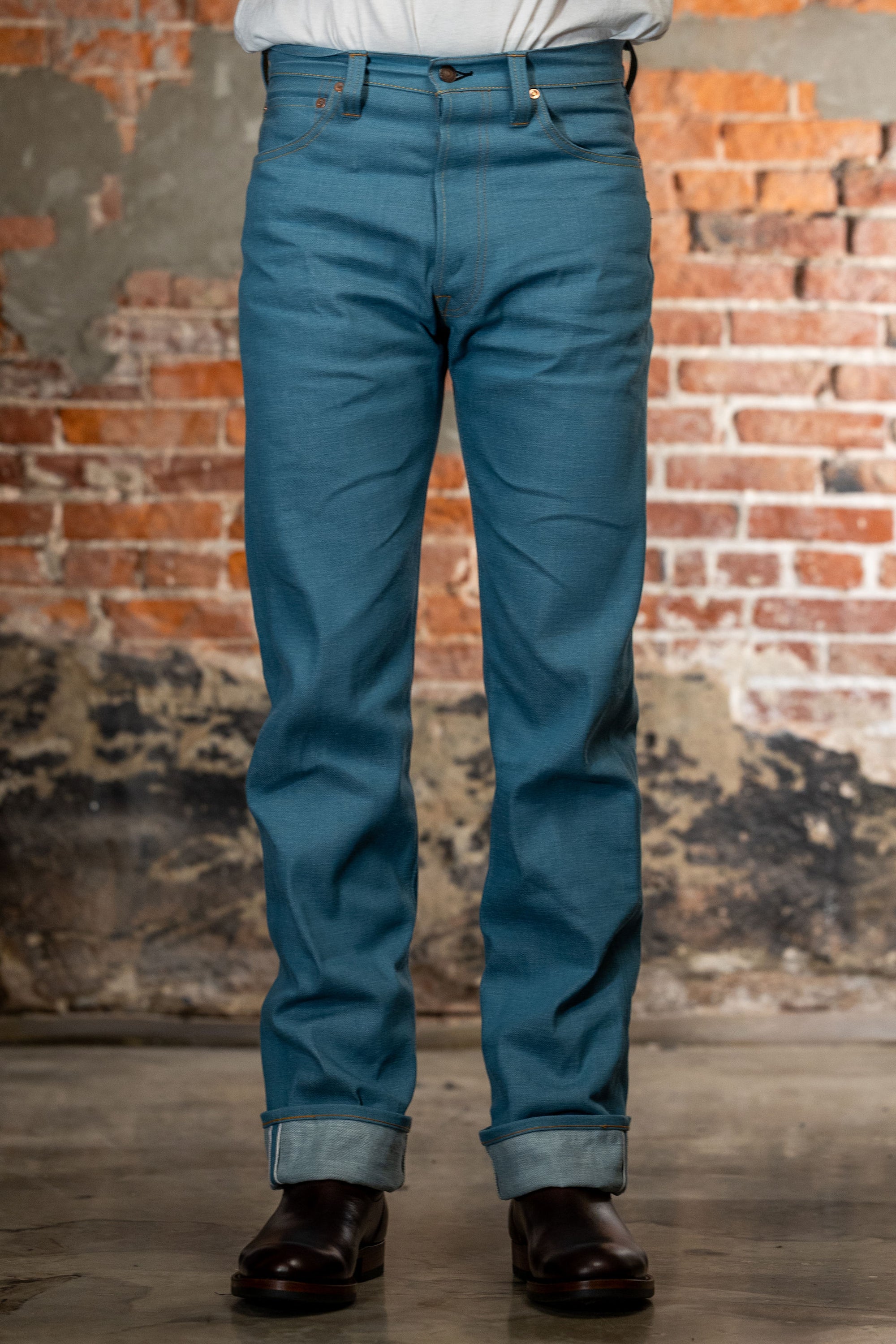 Light blue denim jeans straight cut front view on model