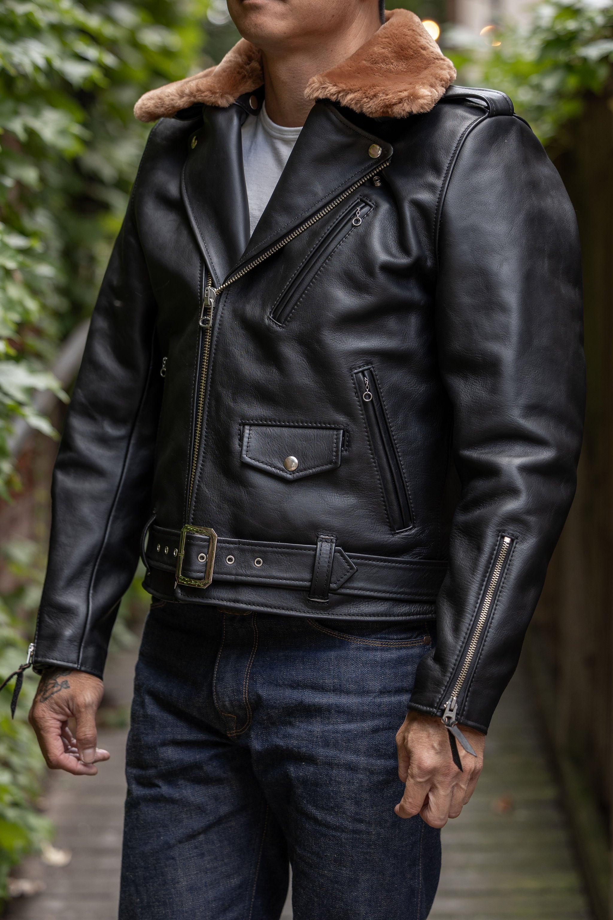 Y'2 Sumi Dyed Leather Jacket- Three quarter view on model