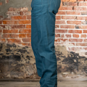 Light blue denim jeans straight cut side view on model