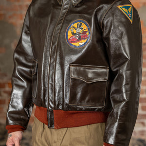 Buzz Rickson's BR80669 Type A-2 - On model, side view with skeleton in plane chest patch and military insignia sleeve patch