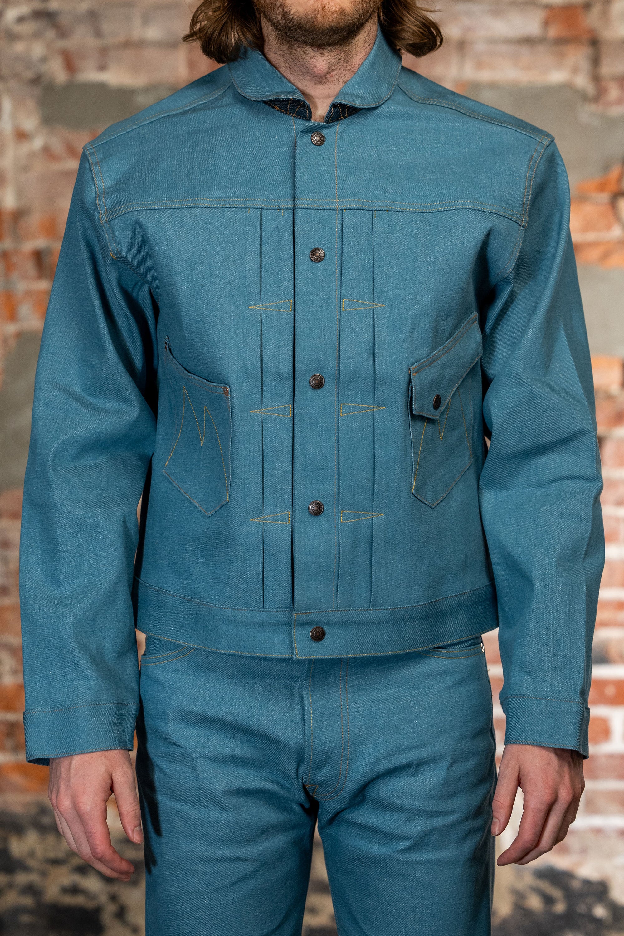 Light blue denim jacket front view on model