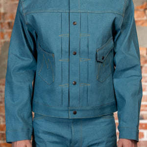Light blue denim jacket front view on model