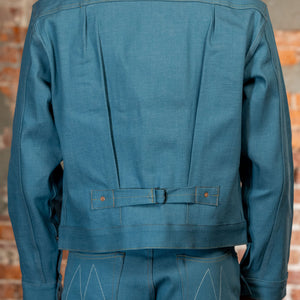Light blue denim jacket back view on model