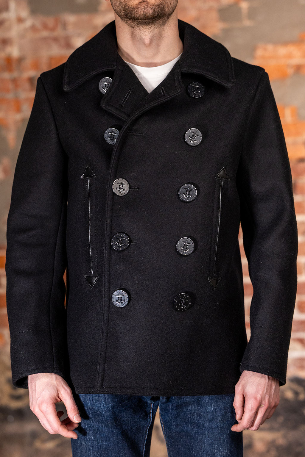 Buzz Rickson's BR12394 William Gibson Collection Black Pea Coat - On model, facing camera