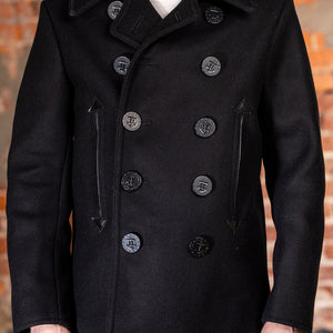 Buzz Rickson's BR12394 William Gibson Collection Black Pea Coat - On model, facing camera