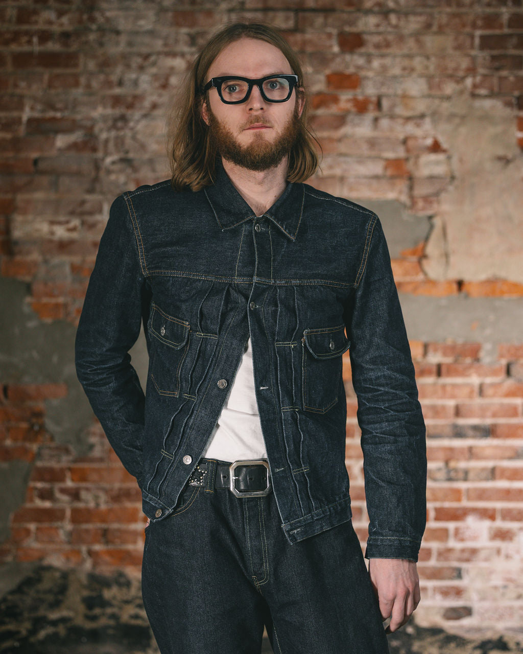TCB Jeans 50's Type II Jacket - One-Wash. on model unbuttoned