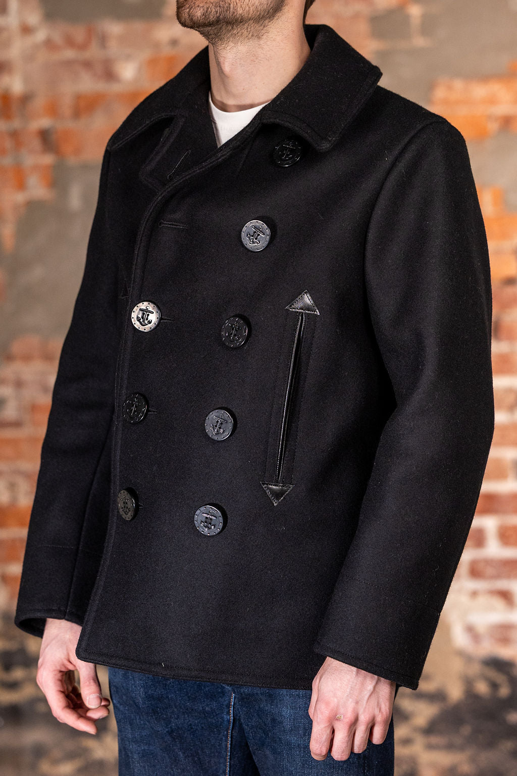 Buzz Rickson's BR12394 William Gibson Collection Black Pea Coat - On model, facing side
