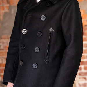 Buzz Rickson's BR12394 William Gibson Collection Black Pea Coat - On model, facing side