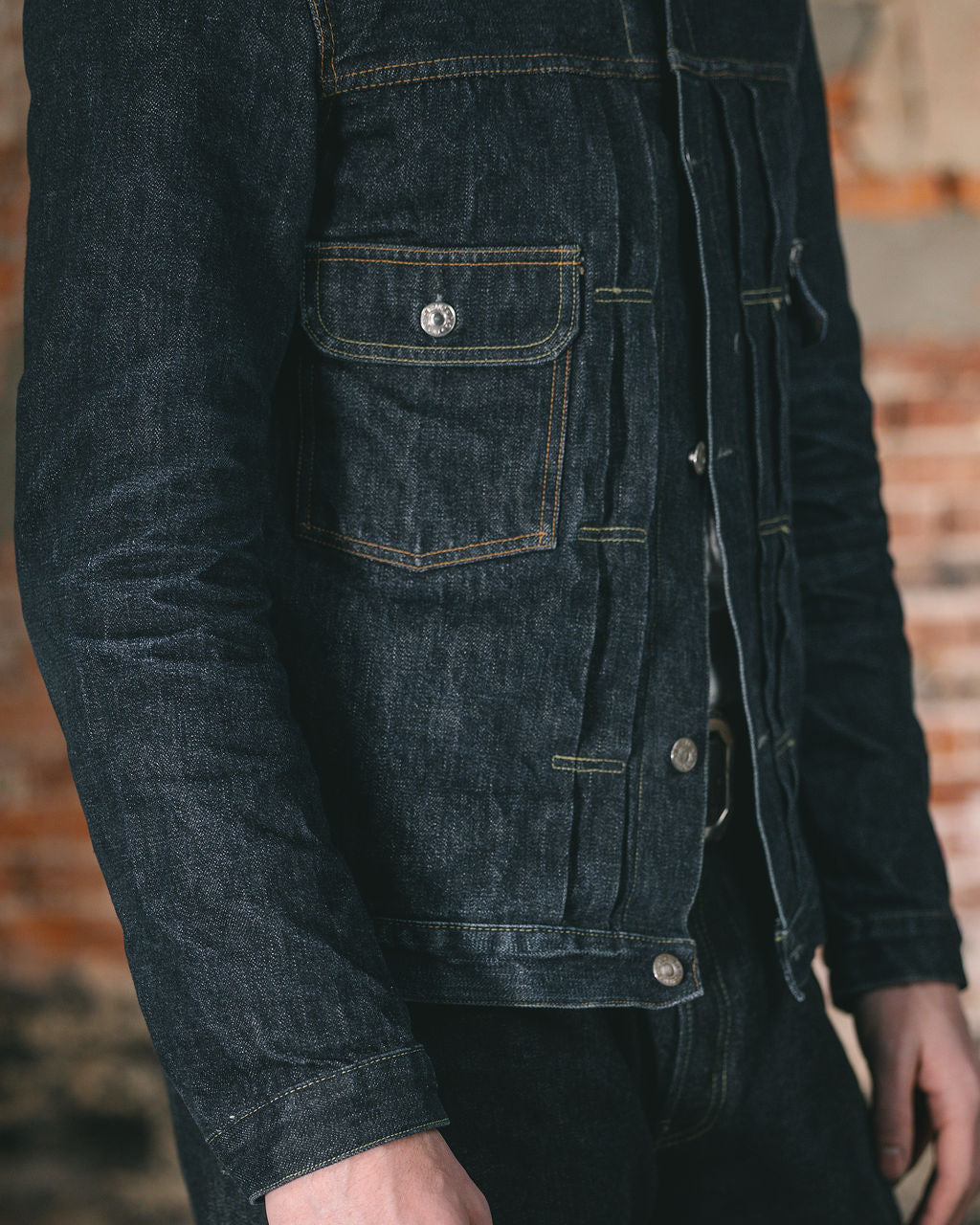 TCB Jeans 50's Type II Jacket - One-Wash. on model close up side profile