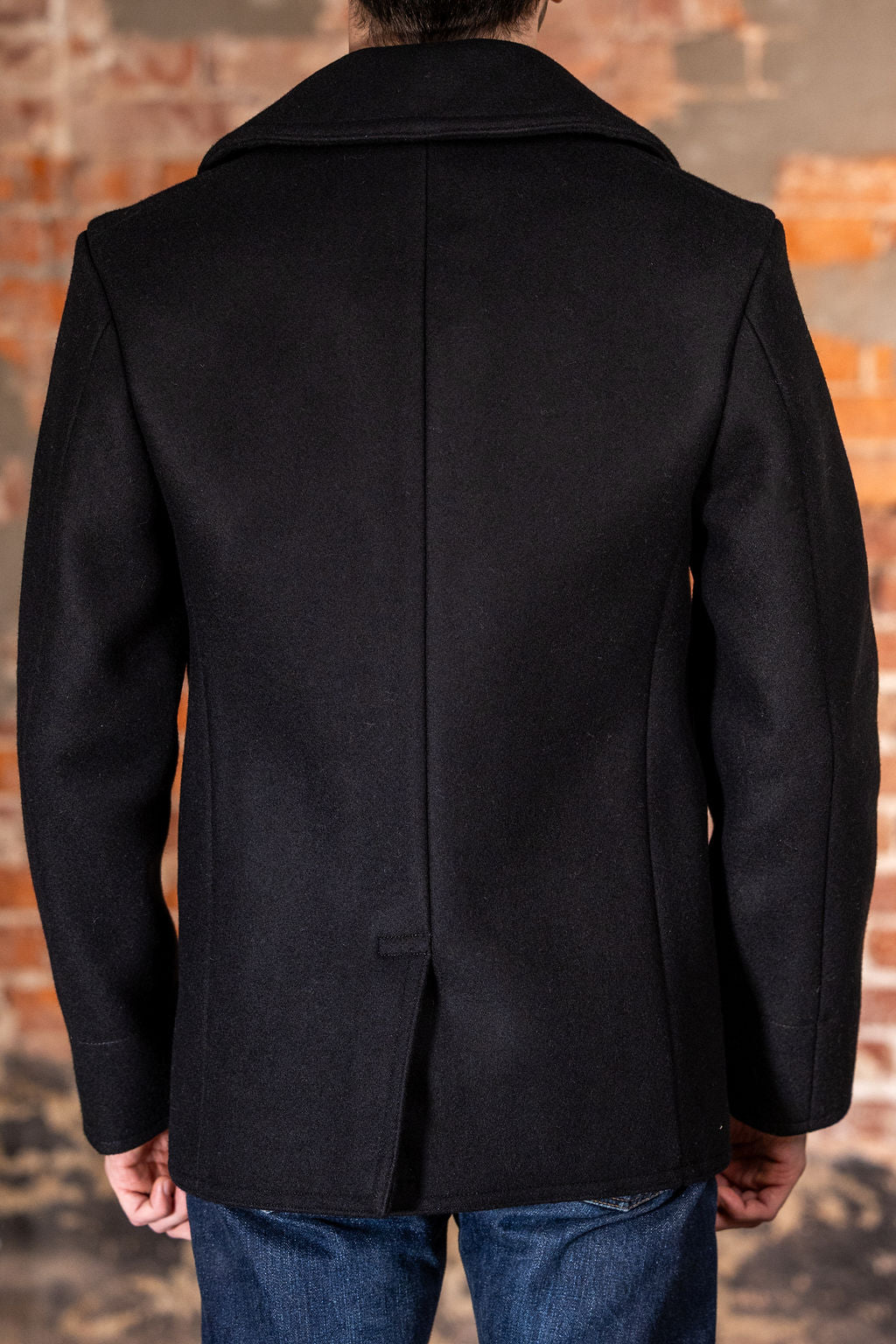 Buzz Rickson's BR12394 William Gibson Collection Black Pea Coat - On model, facing rear