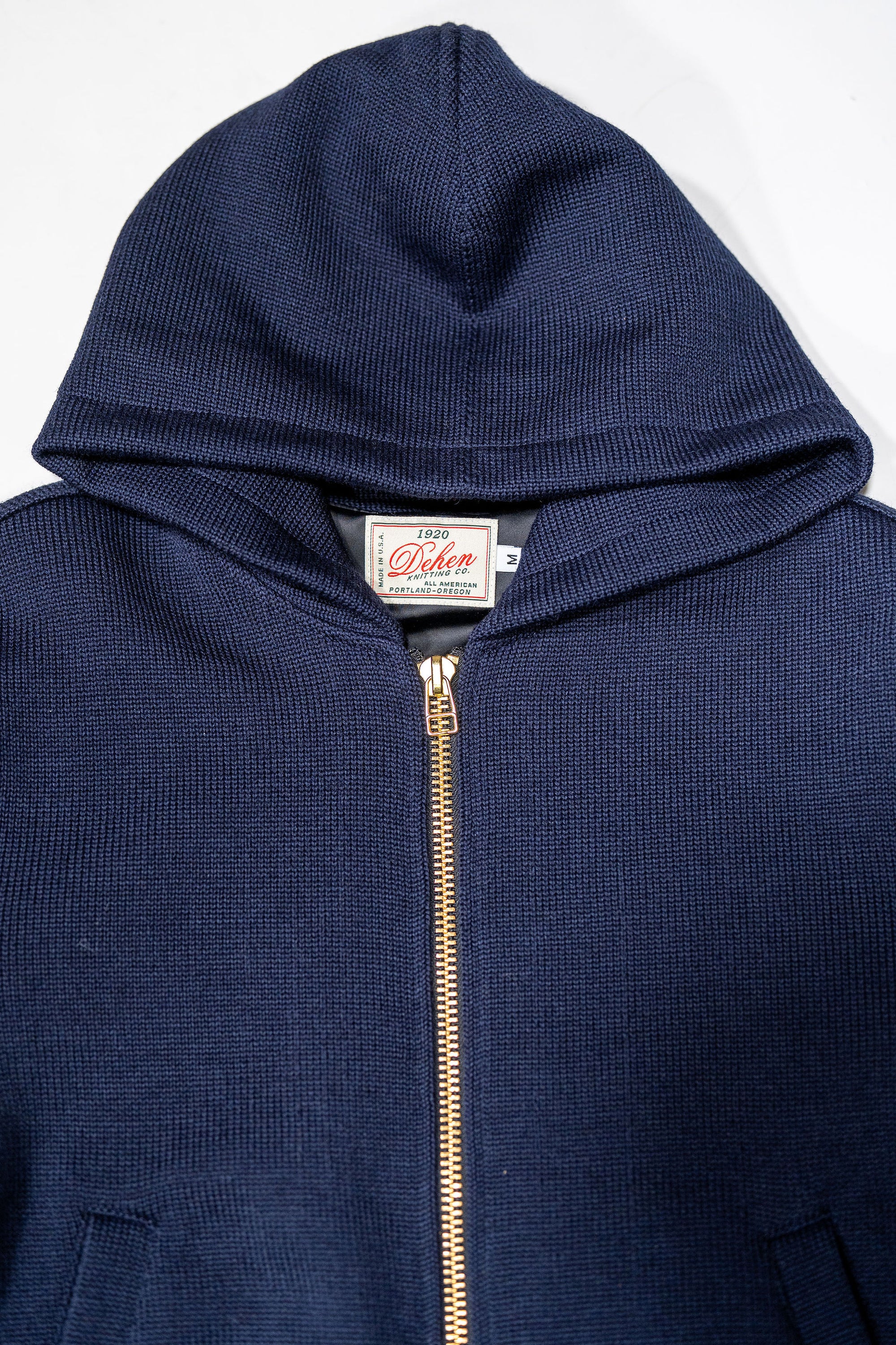Dehen 1920 Full-Throttle Moto Hoodie - Dark Navy. close up of hood
