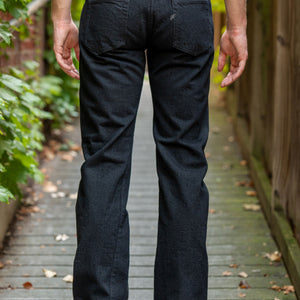 Pure Blue Japan XX-003-BK Regular Straight - 14oz Double Black (Washed). on model back profile.