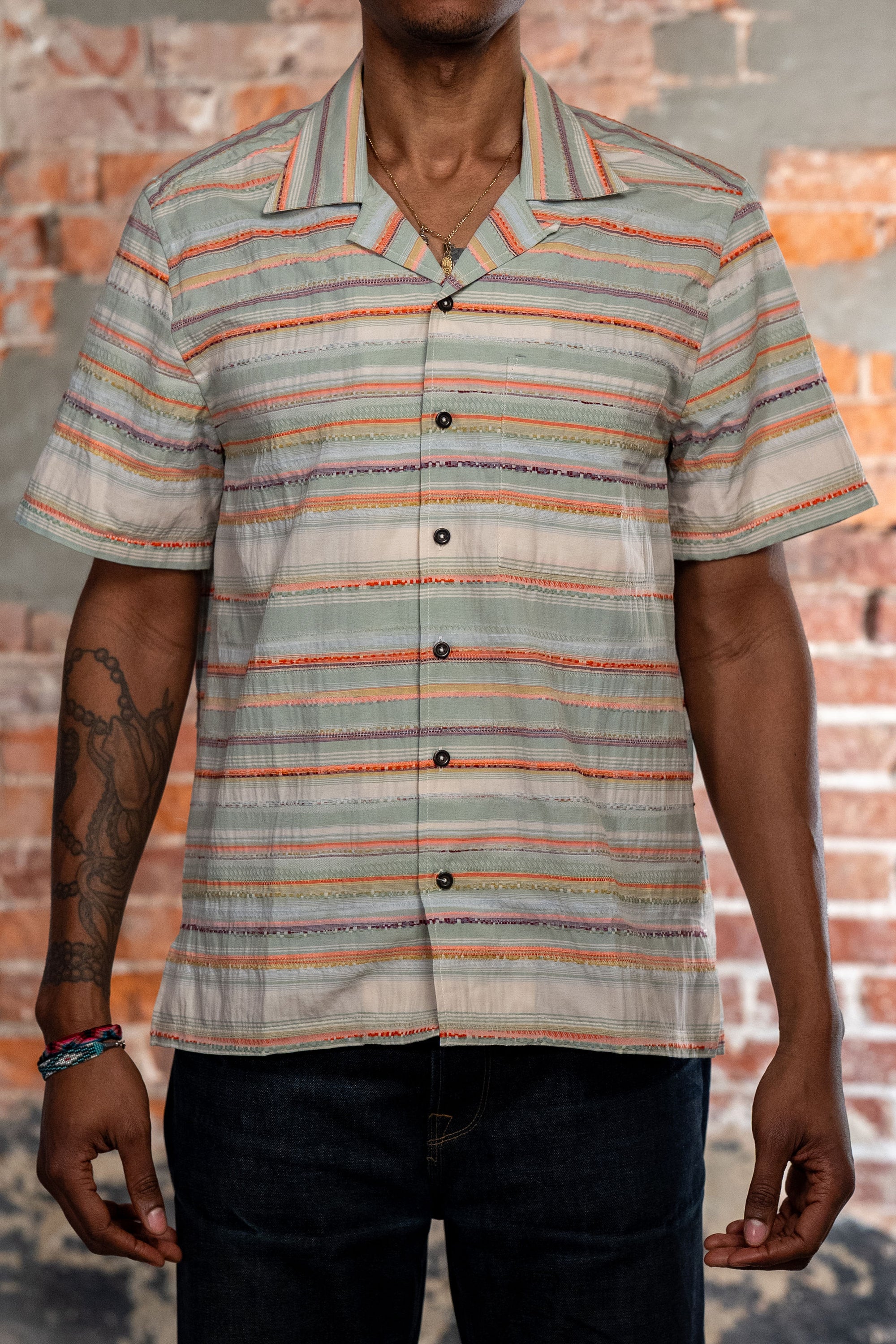 Hansen Garments Caleb Short Sleeve Cabana Shirt - Multicolor - model shot - front facing - brick background