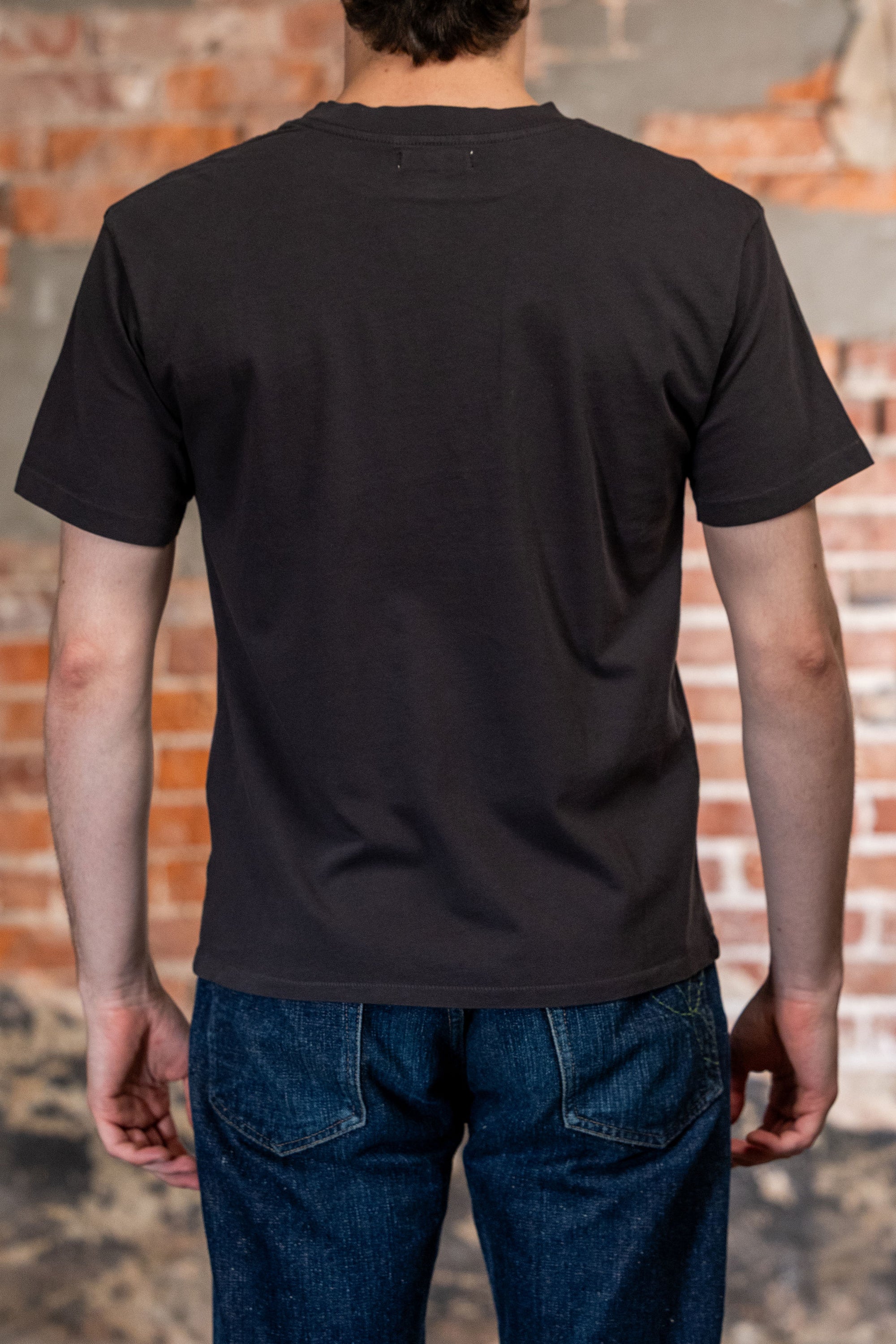 Faded black premium t-shirt back view on model
