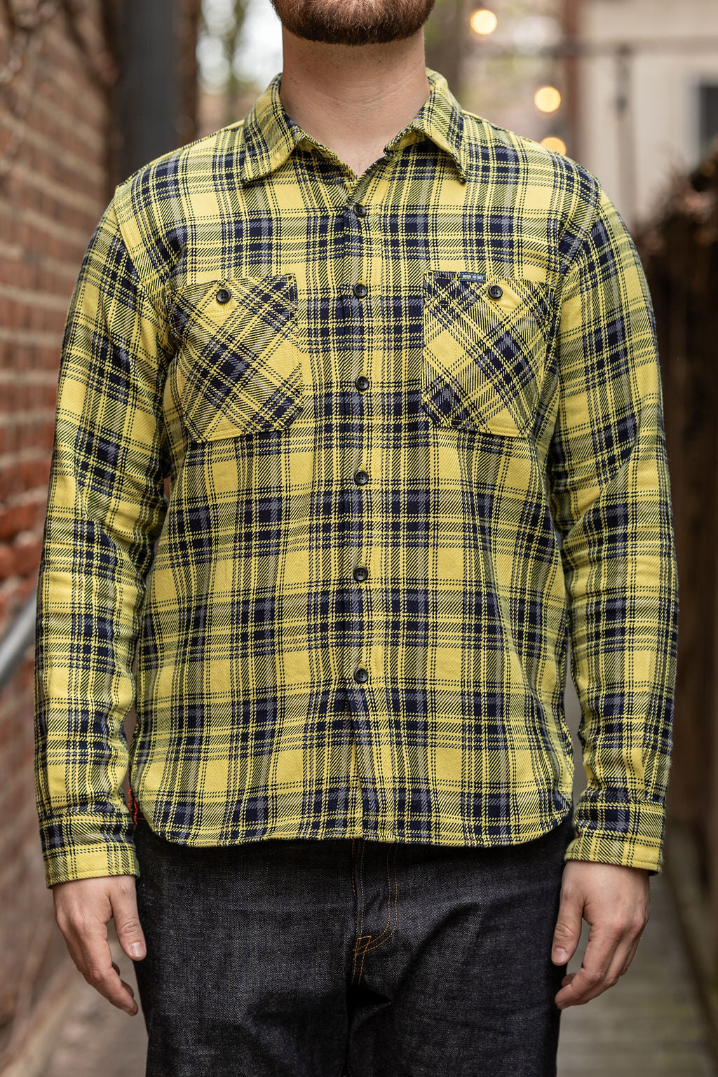 Iron Heart IHSH-412-YEL 9oz Selvedge Indigo Check Flannel Work Shirt - Yellow