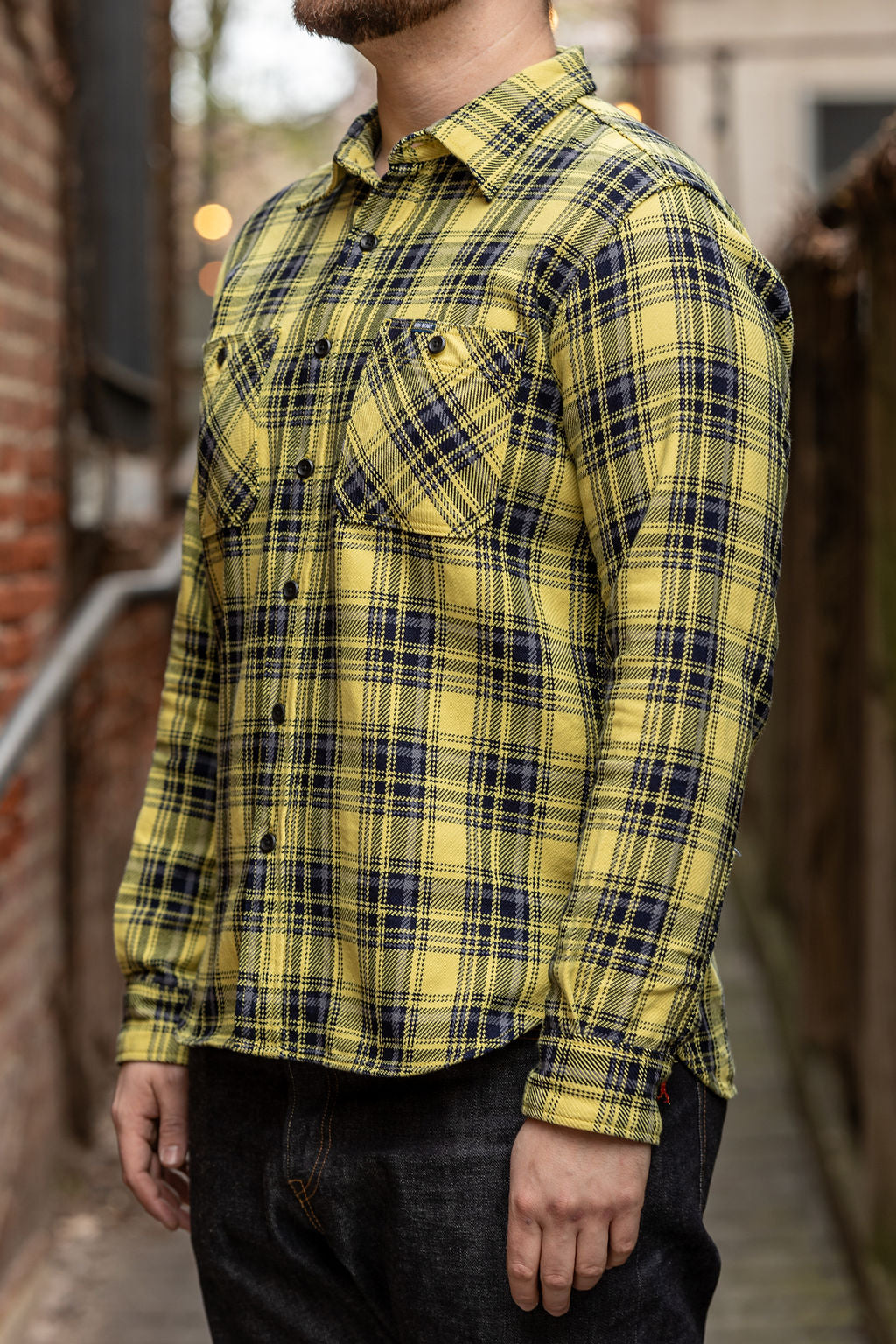Iron Heart IHSH-412-YEL 9oz Selvedge Indigo Check Flannel Work Shirt - Yellow