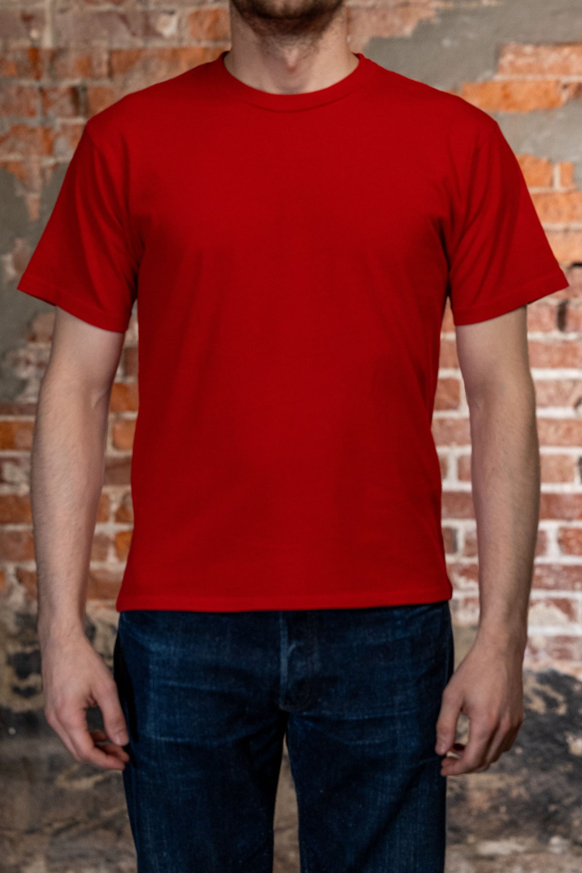 Red premium t-shirt front view on model