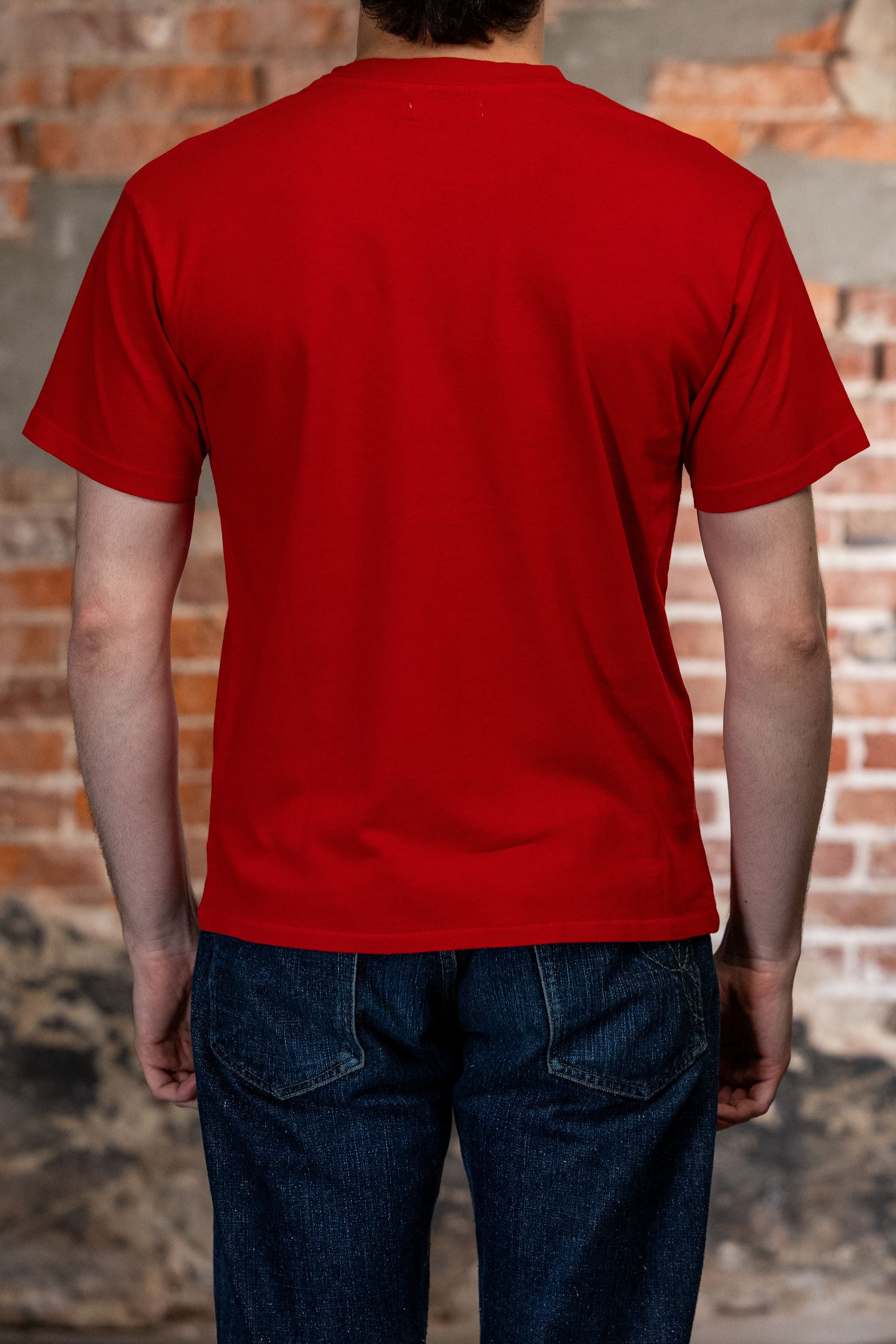 Red premium t-shirt back view on model