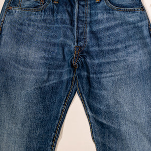 Pure Blue Japan USED-003-ID Regular Straight - 14oz Natural Used Wash Indigo x White. laid on back