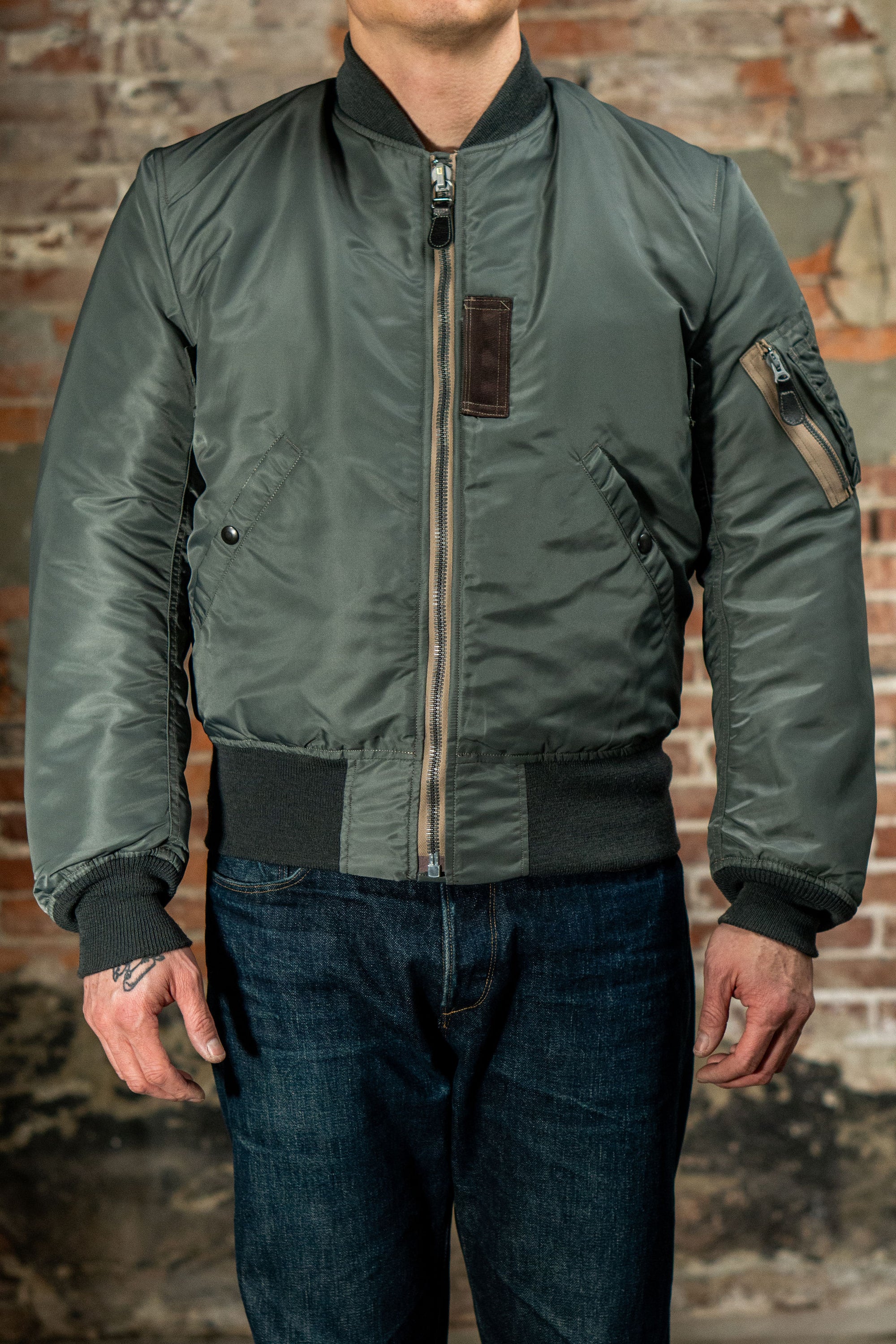 Buzz Rickson's BR14920 Type MA-1 Jacket in Green - On model, facing camera