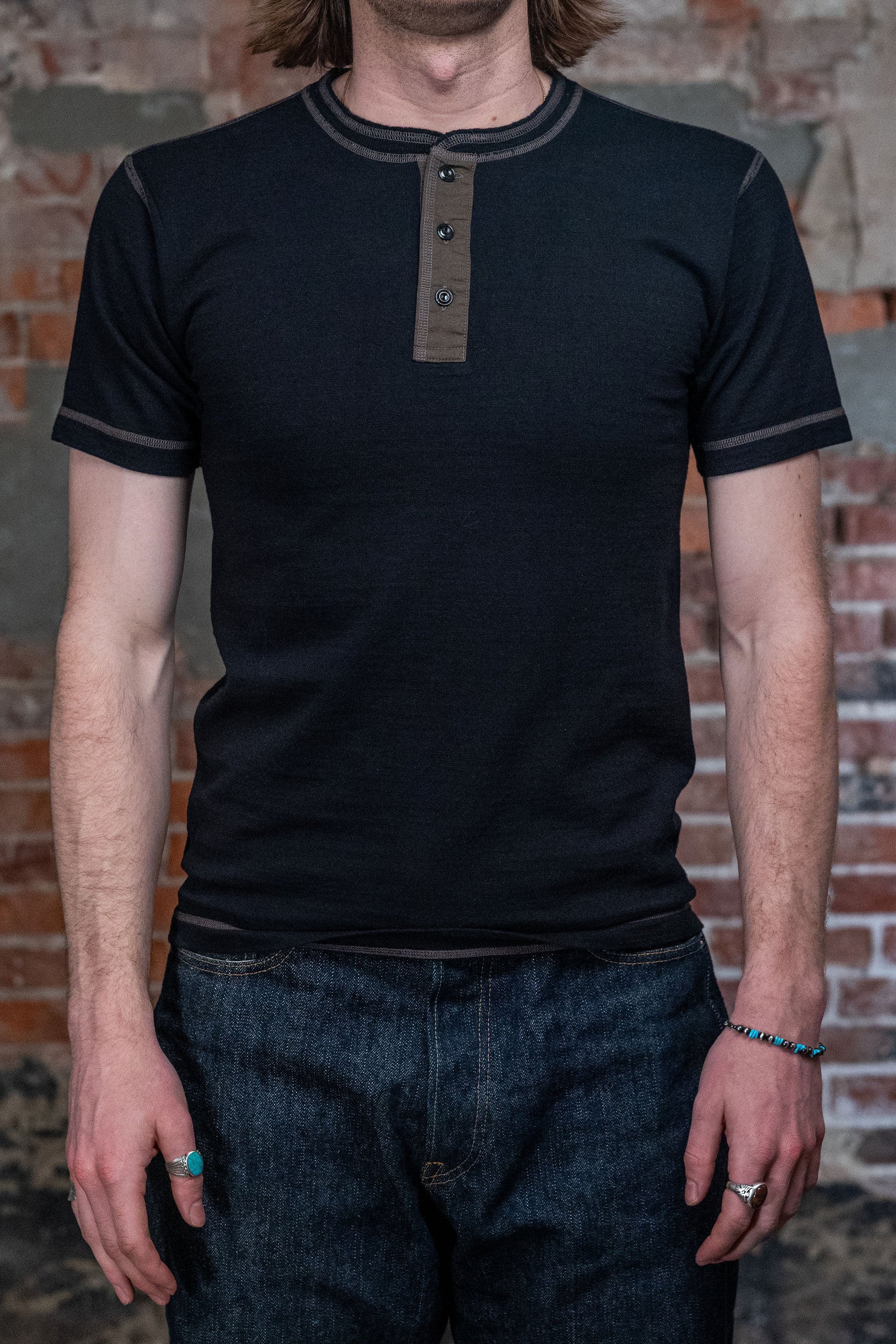 Buzz Rickson's BR79192 Slub Yarn Henley Neck T-Shirt - Black