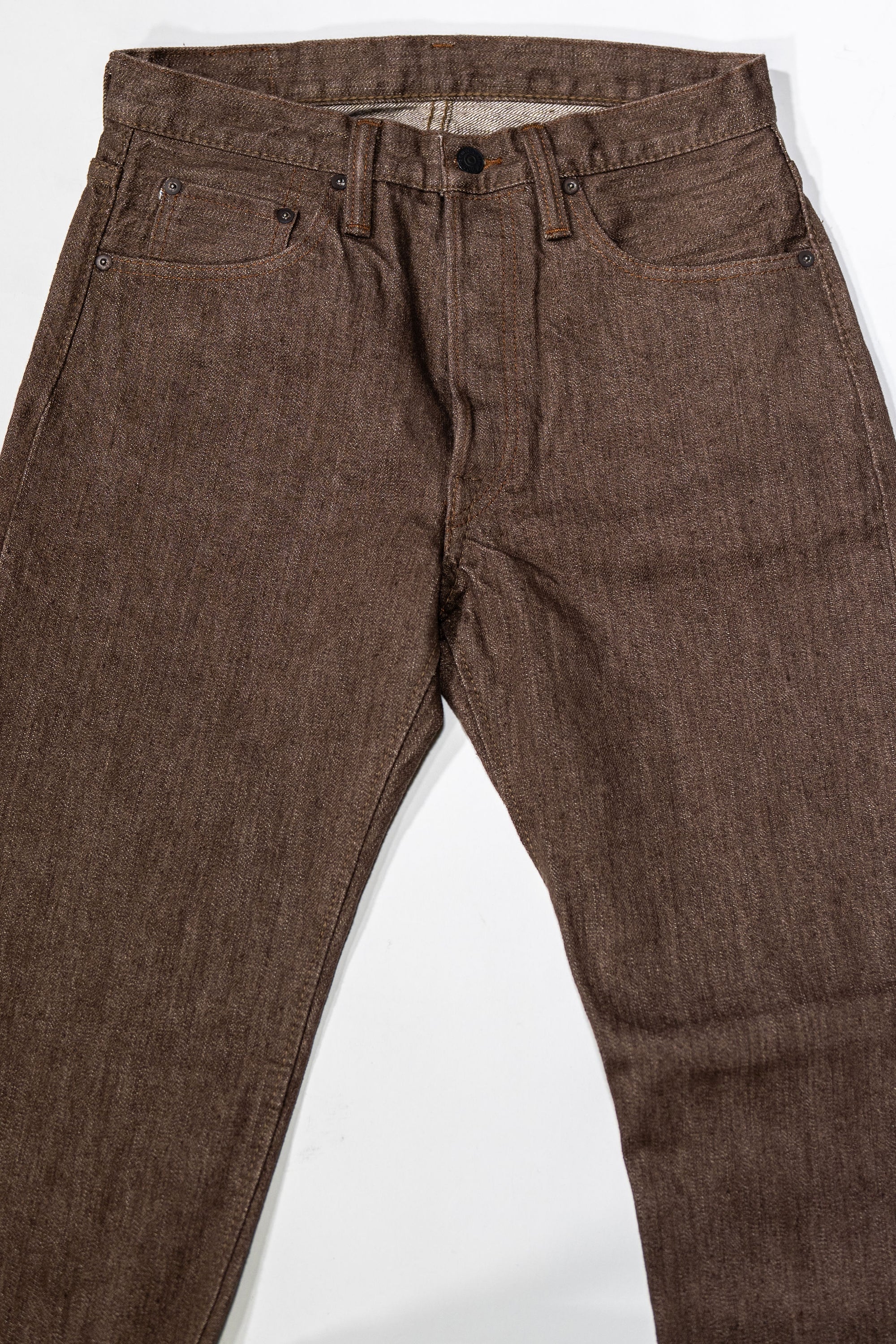 Pure Blue Japan BR-14oz-003 Regular Straight - 14oz Brown x White. laid on back