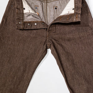 Pure Blue Japan BR-14oz-003 Regular Straight - 14oz Brown x White. laid on back with front buttons undone and opened