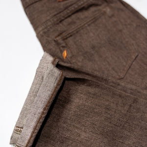 Pure Blue Japan BR-14oz-003 Regular Straight - 14oz Brown x White. laid on side with close up cuff detail