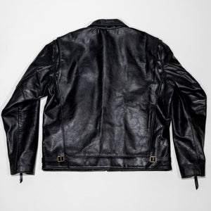 Black leather jacket laid flat on white. Shot from the back.