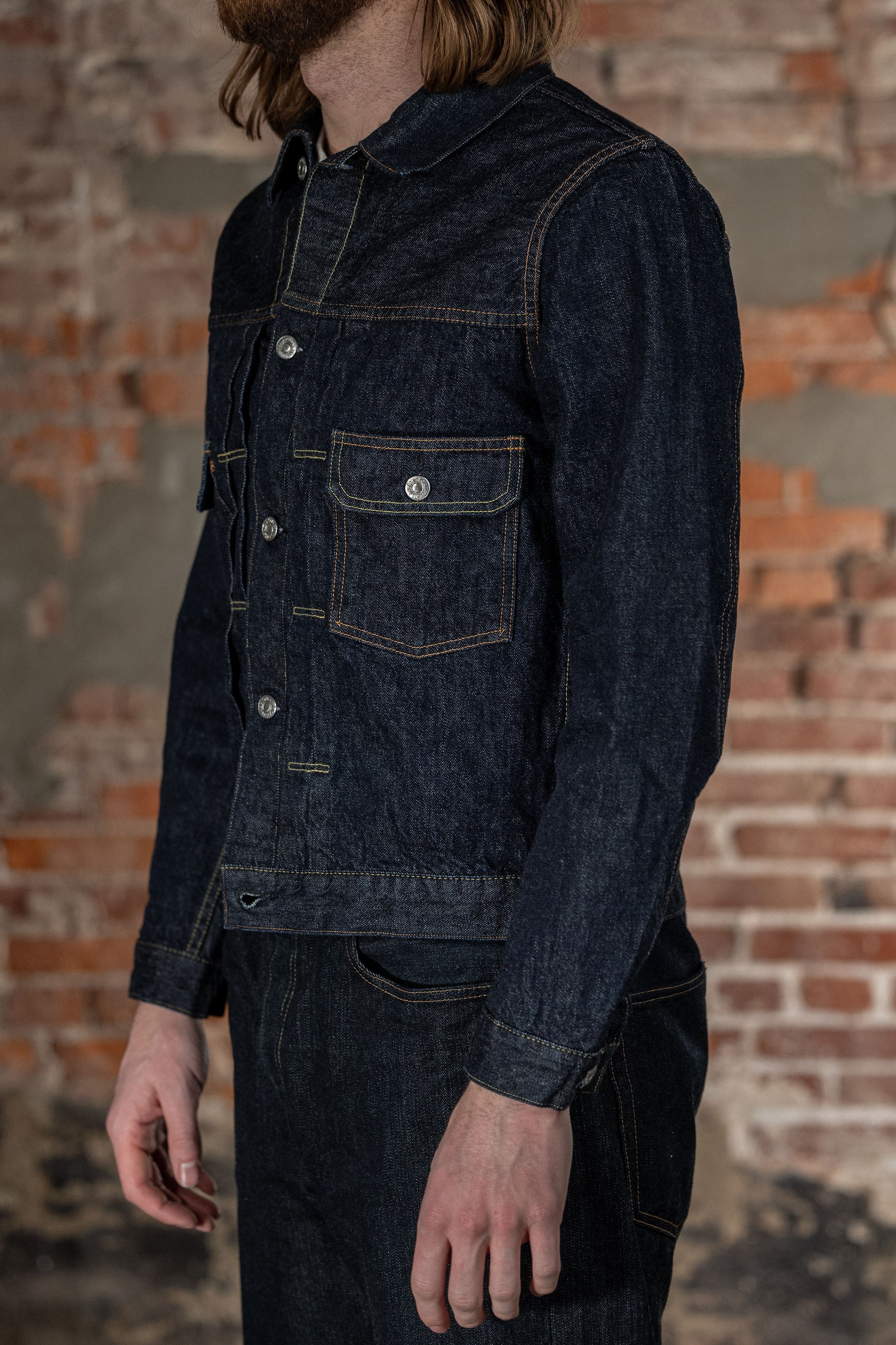 TCB Jeans 50's Type II Jacket - One-Wash. on model side profile