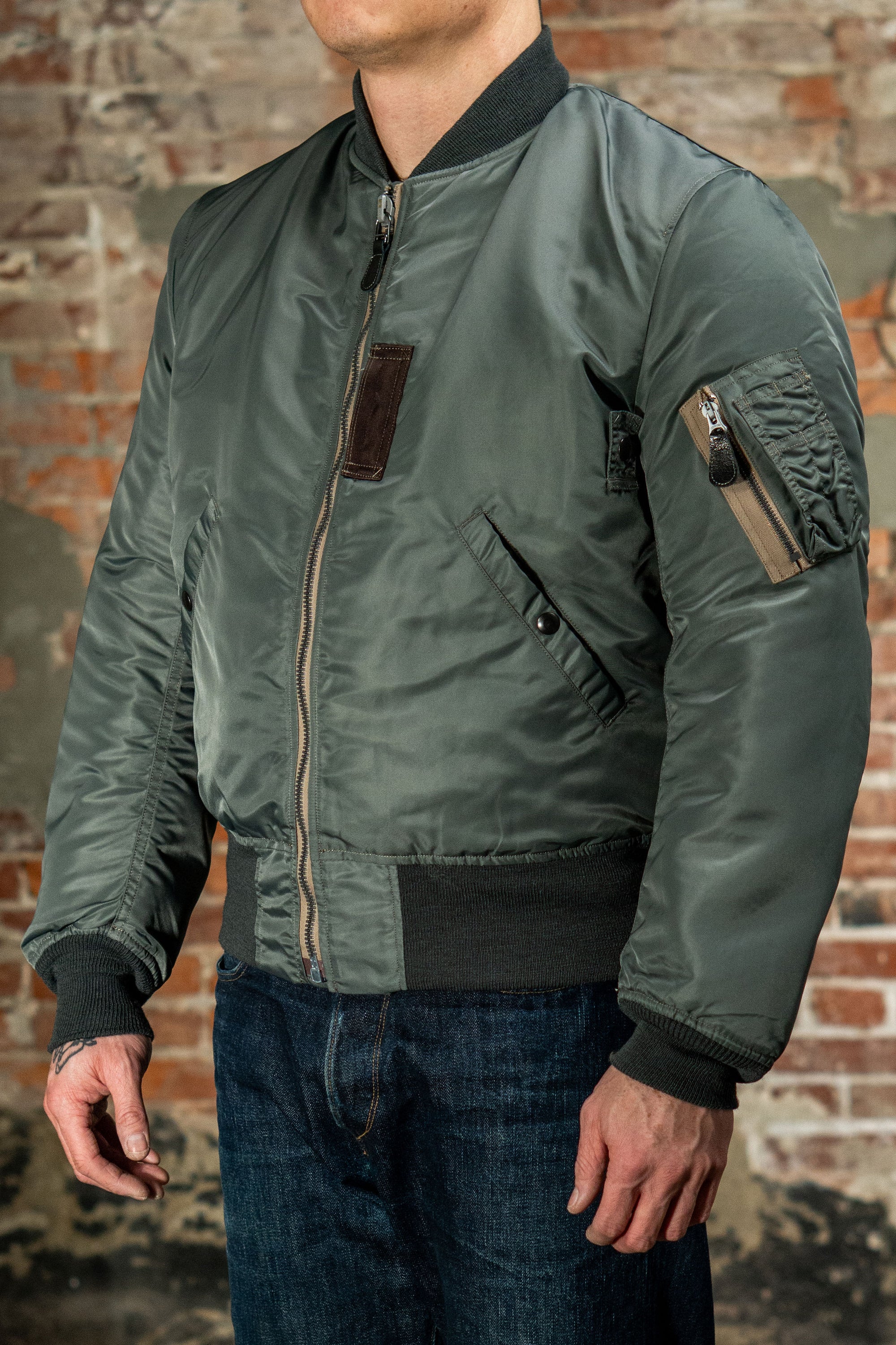 Buzz Rickson's BR14920 Type MA-1 Jacket in Green - On model, facing side