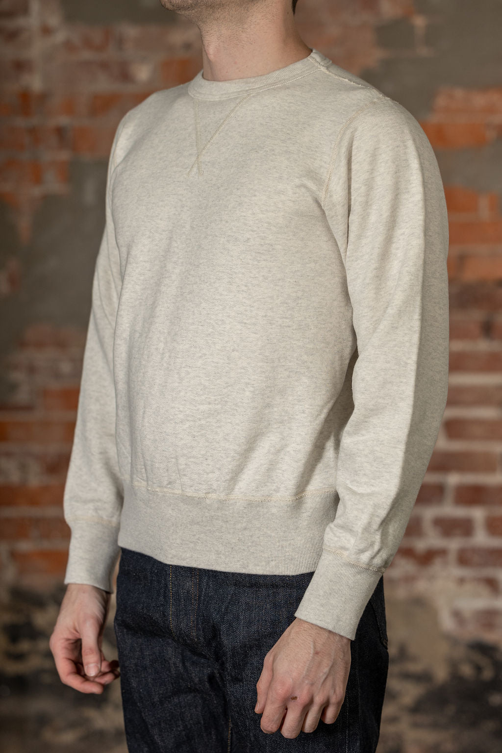 Buzz Rickson's BR65622 Set-in Crew Neck Sweatshirt in Oatmeal - On model, facing side